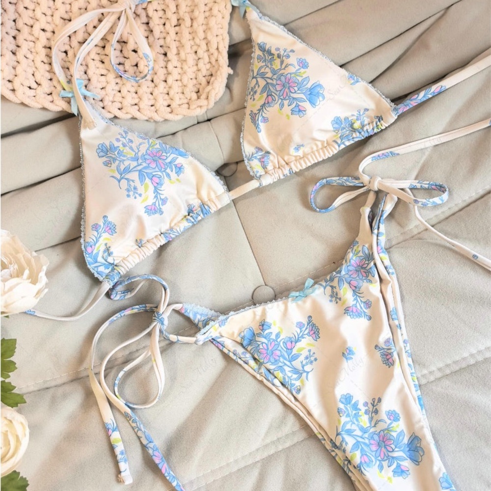 Floral Cream & Light Blue Triangle Bikini Set NWT - Picture 6 of 7